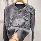 Fongt Flower Embroidery Design Blouse With Ocean Knitted Cardigan Long-Sleeved Temperament Minus Age Casual Sweater Woman
