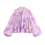 Fongt Spring Printing Lotus Leaf Lantern Sleeve Top Shirt