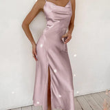 Sexy Side Split A-line Party Dress Spaghetti Strap Deep V neck Solid Elegant Casual Long Dress 2021 Summer Fashion