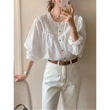 Fongt Korea Dongdaemun 2024 New Splicing Hollow Lace Shirt Women Spring And Autumn Pure Color Sweet Round