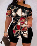 New Fashion Leisure Oblique Collar Shoulder Print Suit-Outfit