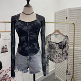 Quality Explosion Fang Lace Splicing Tie-Dye Mesh Long Sleeve Tight Babes With Chest Pads Short Top