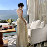 Fongt Gentle Small Holiday Back Show Thin Sling Feeling Flounce Design Long Dress-Outfit