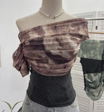 Fongt Shooting Can Wear Two-Wear Art Dizzy Net Yarn Spliced A Word Shoulder T-Shirt To Repair The Chest Short Babes Top 1131