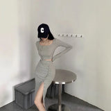 Fongt New Suit Hottie Exposed Umbilled Long-Sleeved Top + High Waist Open Half-Body Bag Skirt Two