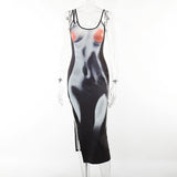 Fongt Babes Deep V High Open Fork Casual Fashion Human Body Print Sexy Sling Dress