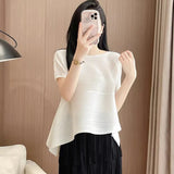 Fongt Folding Top Short Top Design Women's Niche Summer Asymmetrical Loose Large-Size Round Collar T Shirt Short Sleeve