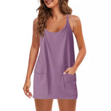 Fongt Summer Solid Sleeveless Dress Fine Shoulder Strap Vest Skirt Sports Skirt Pocket