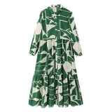Fongt Women's Long-Sleeved Green-Print Shirt Dress 3662