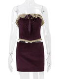 Purple Velvet Corset Crop Top And Mini Skirt Set-Outfit