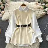 Light Luxury Ladies Dress Set Women's Loose Long-sleeved White Shirt Top + Slit Knitted Vest Vest Two-piece Set-Outfit