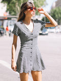 Fongt Women's Temperament Lattice V-Neck Thin Buckle Short Sleeve A-Character Dress Short 2025