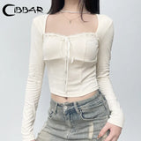 Solid Square Collar Cropped Top Women Sweet y2k Bandage Bow Stitched Full Sleeve T Shirt Vintage 2000s Coquette Aesthetic-Outfit
