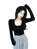 Fongt 2023 New Pure Desire Wind Hot Girl Big U Collar Show Slim Short White Long Sleeve T Shirt Jacket Women's