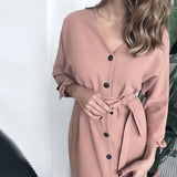 Vintage Front Button Sashes A-line Dress Long Sleeve Sexy V neck Solid Elegant Dress 2019 Autumn New Fashion Women