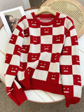 Women's Winter Sweaters Plaid Casual Loose Long Sleeve Pullover Knit Contrast Color Design Fashion Women Sweaters