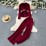 Fongt Goods Fashionable Wearing A Famous Man's High-Level Feeling Strapped With A Waist Suit Collar Long-Sleeved Knitted Top High Waist Broad Leg Trousers