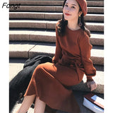 Sleeve Knitted Dress Women's Bottomed Long Waist Sweater Skirt Dress Woman Dress Bodycon Dress Dress Women