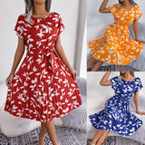 Wind Shooting Spring And Summer Leisure Leaves Short Sleeves Big Swing 100 Folded Dress Women's