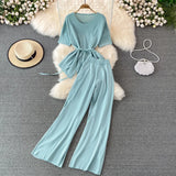 Fongt Suit Goddess Fan Irregularly Round Neck Knitted Top Two Sets Of High-Rise Thin Broad Leg Trousers