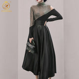 Autumn Winter Women Temperament Turtleneck Patchwork Sweater Two Pieces Skirt Sets High Waist Black Pleated Suit