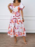 Fongt New Temperament Collar Print Pony Dress Bubble Sleeve Dress Woman