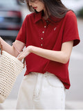 Fongt Vintage Red Elegant POLO T-Shirt 2025 Summer New Commuting Shoulder Slim T-Shirt