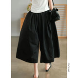 LOOSE White Pants Elastic Waist Solid Women's Summer Pants Cotton Big Pocket Design Wide Leg Women's Summer Cropped