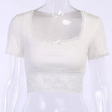 Short Sleeve Slash Neck Crop Tops Women Patchwork Hem Laceup Slim Elastic Sexy Summer Vacation Cropped Top Solid