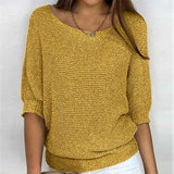 Fongt New Solid Color Round Knit Shirt Women Commuting Elegant Seven-Sleeve Top Air-Conditioning Shirt