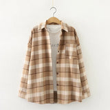 Spring Vintage Woolen Plaid Jackets Full Sleeve Turn-Down Collar Button Up Pockets Shirts Autumn Casual Basic Outwear