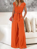Fongt Women's Clothing 2025 New Summer V Tie With Open-Vum Wide Leg Trousers Casual Fashion Set