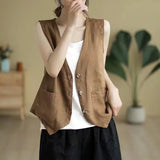 Fongt Retro Art Hook Sleeveless Vest Lady Loose V Collar Horse Clip Single Buckle Cardigan