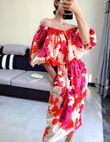 design style slash neck printing temperament slimming bubble sleeve sexy dresses famale 2021 high street
