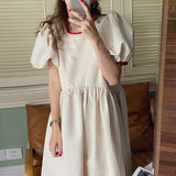 Chic Summer Round Neck Robe Contrast Color Lace Bow Polka Dot Puff Sleeve Women Midi