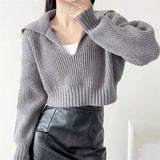 Fongt Sense Korean Version Pure Color New Loose Big Lapel Sweater Spring Autumn Women's Short Sweater Net Red Sweater-Outfit