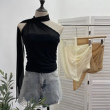 Fongt Shooting Mesh Ribbon Hanging Neck Folded Sleeveless Top Babes Two-Wearing Design Wrapping Bras 1125