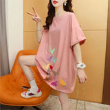 Street Backless Patchwork Midi T-shirt Female Clothing Loose Stylish Butterfly Printed Summer Casual Round Neck Pullovers-Outfit