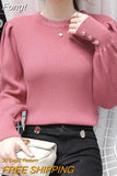 Autumn Round Neck Puff Sleeve Chic Knitted Pullovers for Women Elegant Fashion Button Sweaters Bottoming Shirt Korean