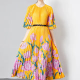 Fongt Exquisite Dress Women 2025 New Lazy Wind Collar Mid-Sleeves To Close The Waist Temperament 100-Fold Printing Skirt