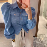 Women 2023 Autumn Winter Shirts Retro Cargo Style Pockets Long-Sleeved Shirt Puff Sleeve Bandage Nipped Waist Tops