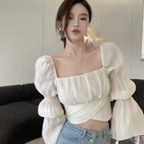 Summer Vintage Women Elegant Casual Blouses Long Sleeve Backless Bow Tops Korean Fashion Sweey Shirts Square Collar-Outfit