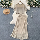 Fongt Dress A Complete Set Of Women's Han Yen-Down Short-Sleeved Knitting Blouse High Waist Slim Half Body Skirt Two Sets