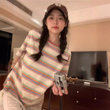 Fongt Striped Round Collar Short-Sleeved T-Shirt New 2024 Women's Summer Korean Version Loose Show Slim Student Top