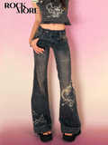 Y2K Low Rise Flare Jeans for Woman Streetwear Aesthetic Print Jean Pants Vintage Washed Denim Trouser Grunge Fairycore-Outfit