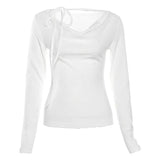 Solid Collar Neck Tie Long Sleeve Knitted Tee-Outfit