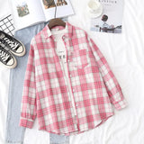 New Women Vintage Flannel Plaid Shirt Pockets Full Sleeve Turn Down Collar Loose Blouse Spring Female Casual Basic