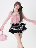 Autumn Kawaii Lolita Clothing Suit Woman Casual Crop Tops + Slim Black Mini Skirt Lace Cake Skirt Japanese Fashion Set-Outfit