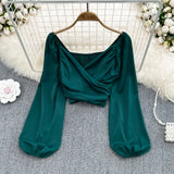 Fongt Fashion V-Neck Folded Collared Collared Collared Long-Sleeved Sleeve Cover Female Chic Short-Term Navel Blouse