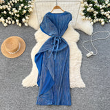 Fongt Folded Dress Design Irregular Lotus Leaves Side To Receive Waist Repair Bright Silk Pressure Folds